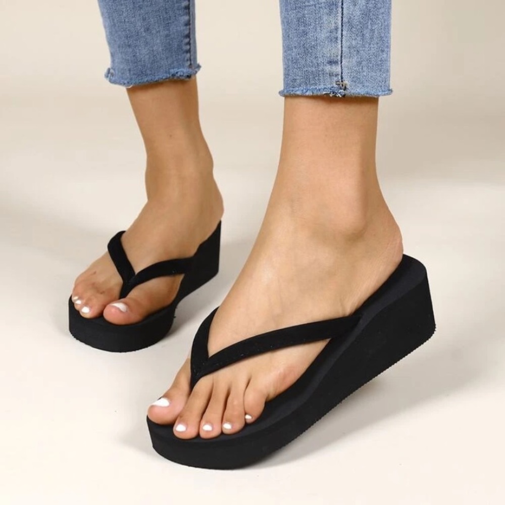 New faux suede black wedge flip flop sandals